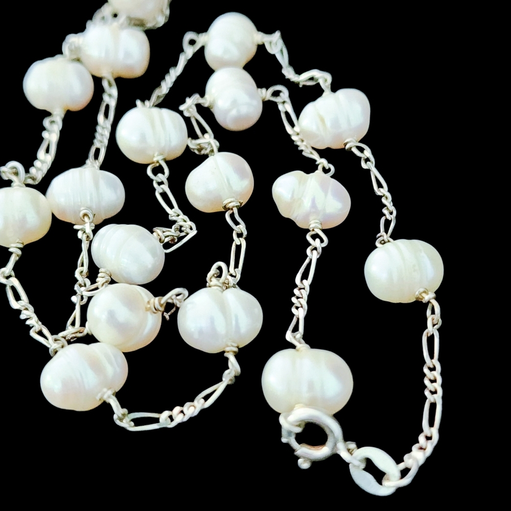 Pearl station necklace 925 sterling silver chain genuine pearls  A0012 -Q1